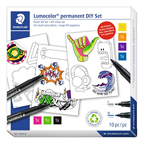 STAEDTLER Sticker DIY Set Lumocolor, höchste Farbbrillanz, wisch- und wasserfest auf fast allen Flächen, Set aus 7 Lumocolor permanent Marker und drei Stickerbögen zum Bemalen, 31 SET2 STAEDTLER Sticker DIY Set Lumocolor, höchste Farbbrillanz, wisch- und wasserfest auf fast allen Flächen, Set aus 7 Lumocolor permanent Marker und drei Stickerbögen zum Bemalen, 31 SET2 von STAEDTLER