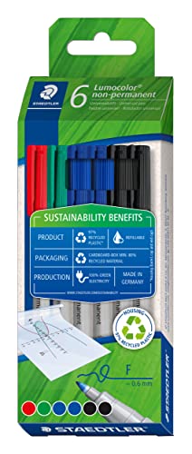 STAEDTLER Universalstift non-permanent Lumocolor, wasserlöslich, nachfüllbar, Linienbreite 0,6 mm, recyceltes Plastik, lange Lebensdauer, 6 Marker in sortierten Farben, 316 C6-1 STAEDTLER Universalstift non-permanent Lumocolor, wasserlöslich, nachfüllbar, Linienbreite 0,6 mm, recyceltes Plastik, lange Lebensdauer, 6 Marker in sortierten Farben, 316 C6-1 von STAEDTLER
