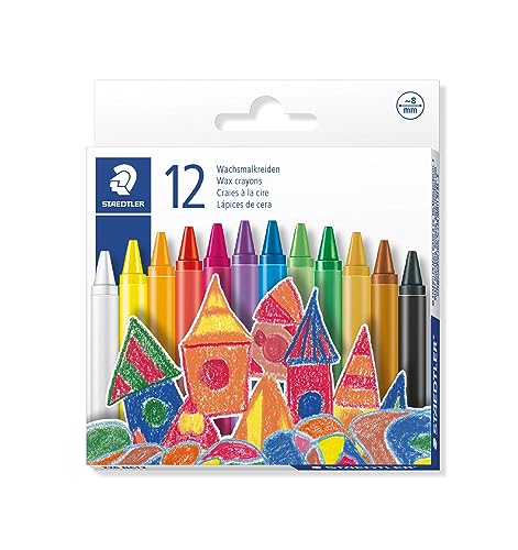 STAEDTLER Wachsmalkreide, leuchtende Farben, 8 mm Durchmesser, mit Papiermanschette, 12 Wachsmalkreiden in sortierten Farben im Kartonetui, 220 08 C12 von STAEDTLER
