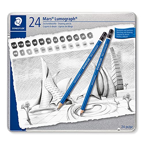 STAEDTLER Zeichenbleistift Mars Lumograph Sechskantform, unglaublich bruchfeste Premium-Bleistifte, hohe Qualität, 24 Härtegrade im Set, Metalletui, 100 G24 von Staedtler