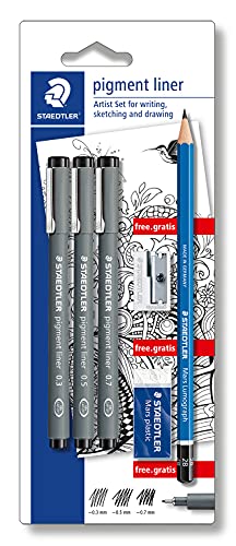 STAEDTLER artist Set, 3 Pigment Liner Schwarz 0.3, 0.5, 0.7mm mit dokumentenechter Pigmenttinte, Bleistift 2B besonders bruchfest, Radierer phtalat- und latexfrei und Spitzer, 308 SBK3P, 1 stück (1er Pack) STAEDTLER artist Set, 3 Pigment Liner Schwarz 0.3, 0.5, 0.7mm mit dokumentenechter Pigmenttinte, Bleistift 2B besonders bruchfest, Radierer phtalat- und latexfrei und Spitzer, 308 SBK3P, 1 stück (1er Pack) von Staedtler