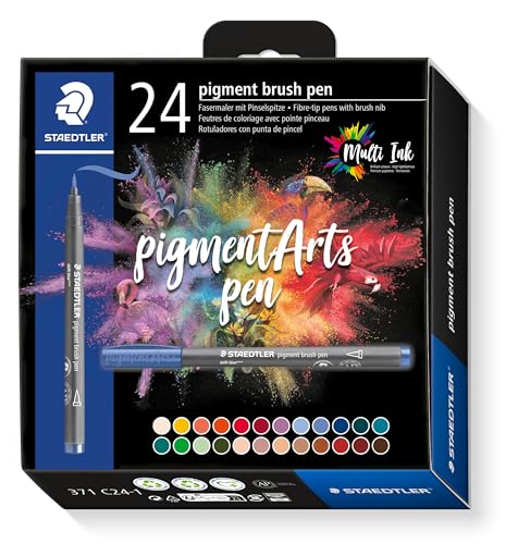 STAEDTLER brush pen pigment Arts, Premium-Zeichentusche, Pinselspitze für variable Linienbreite, wasserfest, schnelltrocknend, 24 brush pens in sortierten Farben im Kartonetui, 371 C24-1 von Staedtler