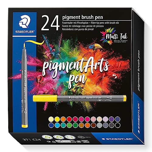 STAEDTLER brush pen pigment Arts, Premium-Zeichentusche, Pinselspitze für variable Linienbreite, wasserfest, schnelltrocknend, 24 brush pens in sortierten Farben im Kartonetui, 371 C24 von STAEDTLER
