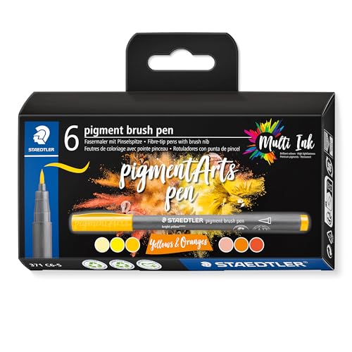 STAEDTLER brush pen pigment Arts, Premium-Zeichentusche, Pinselspitze für variable Linienbreite, wasserfest, schnelltrocknend, 6 brush pens in sortierten Farben im Kartonetui, 371 C6-5 STAEDTLER brush pen pigment Arts, Premium-Zeichentusche, Pinselspitze für variable Linienbreite, wasserfest, schnelltrocknend, 6 brush pens in sortierten Farben im Kartonetui, 371 C6-5 von Staedtler