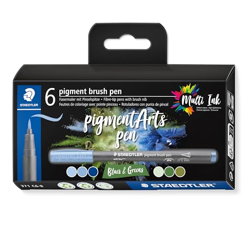 STAEDTLER brush pen pigment Arts, Premium-Zeichentusche, Pinselspitze für variable Linienbreite, wasserfest, schnelltrocknend, 6 brush pens in sortierten Farben im Kartonetui, 371 C6-8 STAEDTLER brush pen pigment Arts, Premium-Zeichentusche, Pinselspitze für variable Linienbreite, wasserfest, schnelltrocknend, 6 brush pens in sortierten Farben im Kartonetui, 371 C6-8 von Staedtler