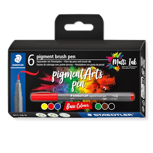 STAEDTLER brush pen pigment Arts, Premium-Zeichentusche, Pinselspitze für variable Linienbreite, wasserfest, schnelltrocknend, 6 brush pens in sortierten Farben im Kartonetui, 371 C6-9 von Staedtler