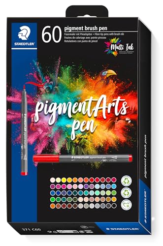 STAEDTLER brush pen pigment Arts, Premium-Zeichentusche, Pinselspitze für variable Linienbreite, wasserfest, schnelltrocknend, 60 brush pens in sortierten Farben im Kartonetui, 371 C60 von Staedtler