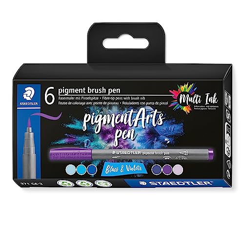 STAEDTLER brush pen pigment Arts, blues & violets, Premium-Zeichentusche, Pinselspitze für variable Linienbreite, wasserfest, 6 brush pens in sortierten Farben im Kartonetui, 371 C6-2 STAEDTLER brush pen pigment Arts, blues & violets, Premium-Zeichentusche, Pinselspitze für variable Linienbreite, wasserfest, 6 brush pens in sortierten Farben im Kartonetui, 371 C6-2 von Staedtler
