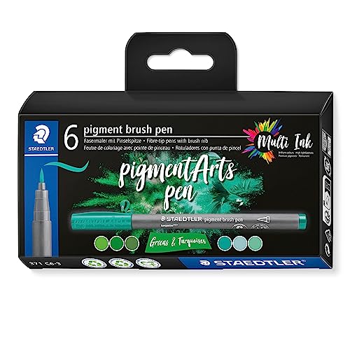 STAEDTLER brush pen pigment Arts, greens & turquoises, pigmentierte Premium-Zeichentusche, Pinselspitze für variable Linienbreite, wasserfest, 6 brush pens im Kartonetui, 371 C6-3 STAEDTLER brush pen pigment Arts, greens & turquoises, pigmentierte Premium-Zeichentusche, Pinselspitze für variable Linienbreite, wasserfest, 6 brush pens im Kartonetui, 371 C6-3 von Staedtler