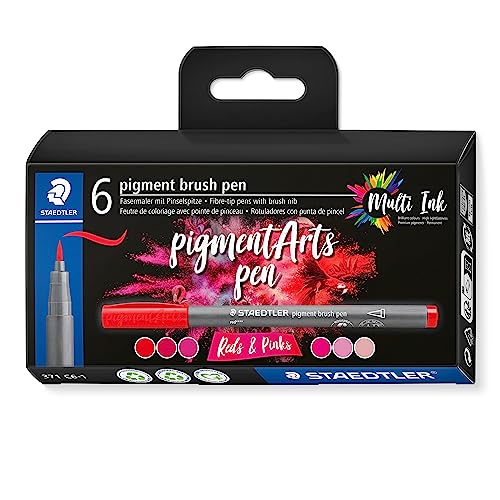 STAEDTLER brush pen pigment Arts, reds & pinks, pigmentierte Premium-Zeichentusche, Pinselspitze für variable Linienbreite, wasserfest, 6 brush pens in sortierten Farben im Kartonetui, 371 C6-1 STAEDTLER brush pen pigment Arts, reds & pinks, pigmentierte Premium-Zeichentusche, Pinselspitze für variable Linienbreite, wasserfest, 6 brush pens in sortierten Farben im Kartonetui, 371 C6-1 von Staedtler