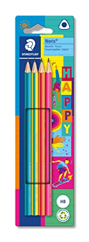 STAEDTLER dreieckige Bleistifte Noris Happy in farbenfroher Streifung, hohe Bruchfestigkeit, Härtegrad HB, vier Bleistifte in Kartonhängekarte, 118 BK4 HA von Staedtler