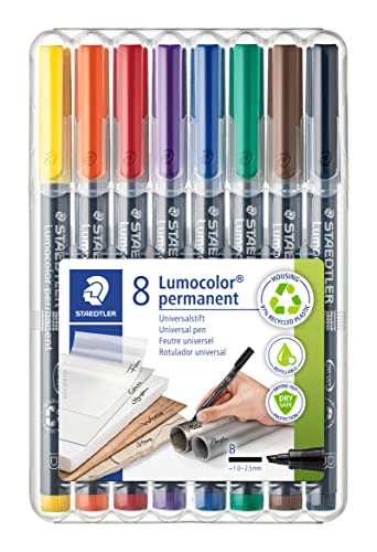 STAEDTLER permanent Marker Lumocolor, Keilspitze ca. 1,0 - 2,5 mm, wisch- und wasserfest, Made in Germany, nachfüllbar, lange Lebensdauer, 8 Universalstifte in sortierten Farben, 314 WP8 STAEDTLER permanent Marker Lumocolor, Keilspitze ca. 1,0 - 2,5 mm, wisch- und wasserfest, Made in Germany, nachfüllbar, lange Lebensdauer, 8 Universalstifte in sortierten Farben, 314 WP8 von STAEDTLER