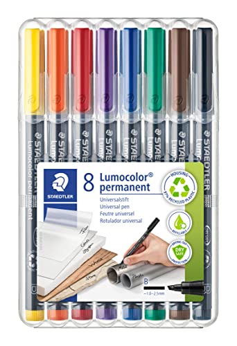 STAEDTLER permanent Marker Lumocolor, Keilspitze ca. 1,0 - 2,5 mm, wisch- und wasserfest, Made in Germany, nachfüllbar, lange Lebensdauer, 8 Universalstifte in sortierten Farben, 314 WP8 von Staedtler