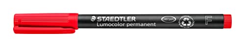 STAEDTLER permanent Marker Lumocolor, rot, F-Spitze Linienbreite ca. 0,6 mm, wisch- und wasserfest, Made in Germany, nachfüllbar, lange Lebensdauer, 10 rote Universalstifte im Kartonetui, 318-2 von Staedtler