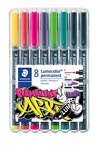 STAEDTLER permanent Marker Lumocolor permanent ART, für fast alle Oberflächen, wisch- und wasserfest, nachfüllbar, 8 Universalstifte in sortierten Farben und sortierten Linienbreiten, 31-S WP8 von Staedtler