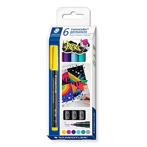 STAEDTLER permanent Marker Lumocolor permanent ART, für fast alle Oberflächen, wisch- und wasserfest, F-Spitze Linienbreite 0,6 mm, 6 Universalstifte in sortierten Farben, 318 C6 von Staedtler
