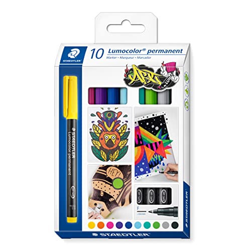STAEDTLER permanent Marker Lumocolor permanent ART, für fast alle Oberflächen, wisch- und wasserfest, F-Spitze Linienbreite 0,6 mm, nachfüllbar, 10 Universalstifte in sortierten Farben, 318 C10 von Staedtler