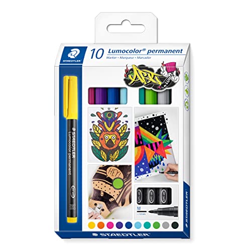 STAEDTLER permanent Marker Lumocolor permanent ART, für fast alle Oberflächen, wisch- und wasserfest, Linienbreite 1,00 mm, nachfüllbar, 10 Universalstifte in sortierten Farben, 317 C10 von Staedtler