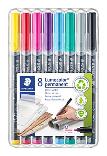 STAEDTLER permanenter Universalstift Lumocolor, wisch- und wasserfest, sekundenschnell trocken, nachfüllbar, Linienbreite 1 mm, 8 Marker in brillanten Farben in stabiler STAEDTLER-Box, 317 WP8-2 von Staedtler