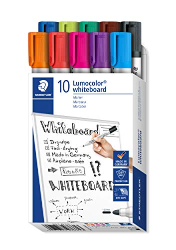 STAEDTLER whiteboard Marker Lumocolor, Linienbreite ca. 2,00 mm, schnelltrocknend, geruchsarm, lange Lebensdauer, blockierte Spitze, 10 whiteboard Marker in Faltschachtel, 351 B10 von Staedtler