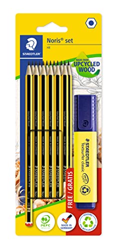 STAEDTLER Bleistift Set Noris, Made from Upcycled Wood, 12 Bleistifte Härtegrad HB, gelber Textsurfer classic Textmarker, 120 BK12P1 von Staedtler