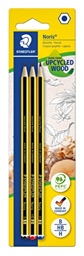 STAEDTLER Bleistift Noris 120, Made from Upcycled Wood, Rutschfeste Soft-Oberfläche, hohe Buchfestigkeit, hohe Qualität Made in Germany, Blisterkarte mit 3 Stück (je 1 x 2B, HB, H), 120-S BK3D von Staedtler