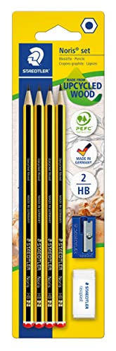 STAEDTLER Bleistifte Noris 120, HB, sechskant, Set mit 4 unglaublich bruchfesten Bleistiften, 1 Spitzer, 1 Radiergummi, hohe Qualität Made in Germany, 120S1 BK4D von Staedtler