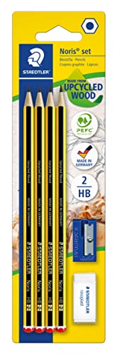 STAEDTLER Bleistifte Noris 120, HB, sechskant, Set mit 4 unglaublich bruchfesten Bleistiften, 1 Spitzer, 1 Radiergummi, hohe Qualität Made in Germany, 120S1 BK4D von STAEDTLER