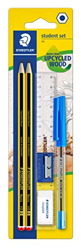 STAEDTLER Studenten Set mit 2 x Noris 120 Bleistifte Made from Upcycled Wood in Härtegrad HB, 1 x Kugelschreiber Stick blau, 1 x Lineal 15 cm, 1 x Radierer und 1 x Spitzer, 120SET BKD von Staedtler