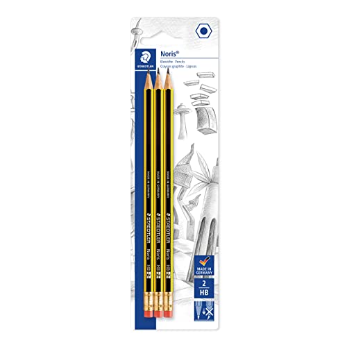STAEDTLER Bleistifte mit Radiergummi Noris, HB, sechskantformat, hohe Bruchfestigkeit durch spezielle Minenrezeptur und hartverleimte Mine, 3 Bleistifte auf Blisterkarte, 122-2BK3DA von Staedtler