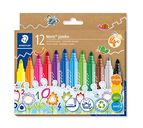 Staedtler 328-B C12 Dicke Fasermaler Noris jumbo, ergonomischer Schaft, für Kinder ab 4 Jahren, 12 Filzstifte in sortierten Farben in umweltfreundlicher Kartonverpackung von Staedtler