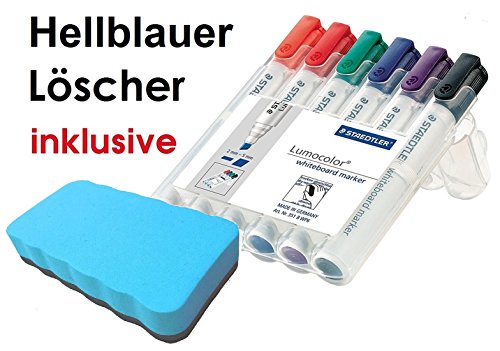 Staedtler 351 B WP6 Board-Marker Lumocolor Whiteboard-marker, Box mit 6 Farben (6er Set Keilspitze, Löscher hellblau, 1) von Staedtler