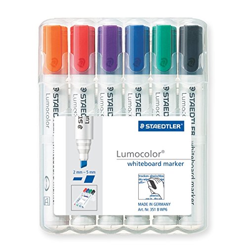 Staedtler 351 B WP6 Lumocolor Whiteboard Marker, Keilspitze, aufstellbare Box mit 6 Farben (5er Pack) von Staedtler