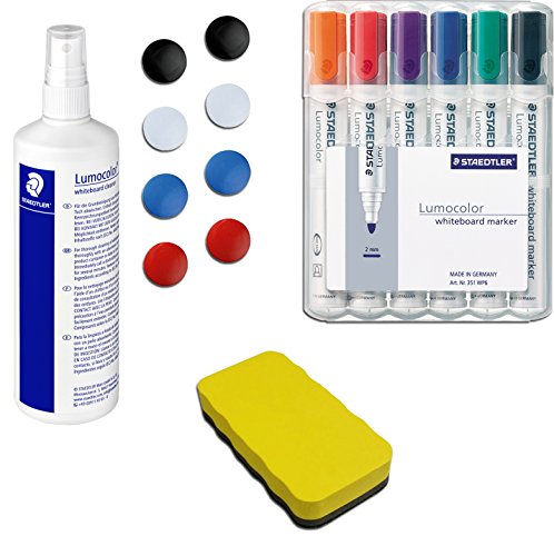 Staedtler 351 Lumocolor Whiteboardmarker, Rundspitze 2 mm, 6 Stifte in 6 Farben, aufstellbare Box/Kombi-Set (Marker, Reinigungsspray, Löscher gelb & 8 Magnete) von Staedtler