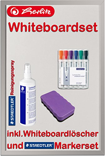 Staedtler 351 Lumocolor Whiteboardmarker, Rundspitze 2 mm, 6 Stifte in 6 Farben, aufstellbare Box/Kombi-Set (Marker, Spray, Löscher lila & Whiteboard (40 x 60cm) von Staedtler