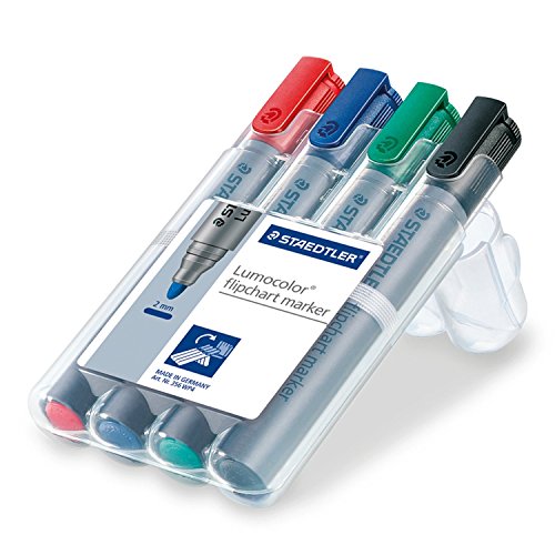 Staedtler 356 WP4 Flipchart-Marker Lumocolor, nachfüllbar, aufstellbare Box mit 4 Farben, Rundspitze (3er Pack) von Staedtler
