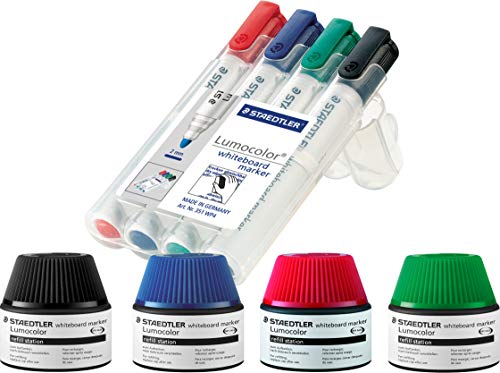 Staedtler 488 51-9 Tinte für Marker Lumocolor Refill Station, 30 ml, 5X Nachfüllen, schwarz (+ 4 Stifte Komplettset, Sortiert) von Staedtler