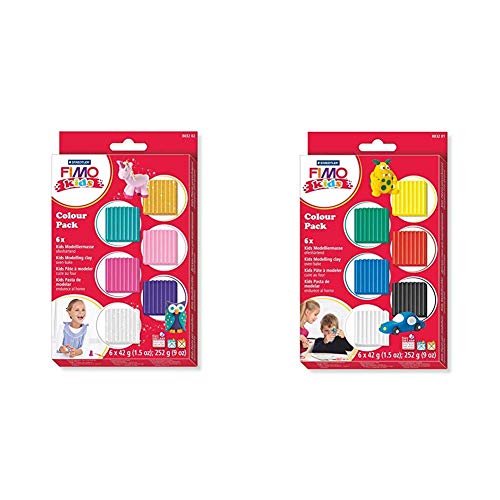 Staedtler 8032 02 Modelliermasse Fimo Kids ofenhärtend, Materialpackung Girlie, attraktive, mit 6 Blöcken á 42 Gramm & 8032 01 - Fimo Kids Materialpackung Colour Pack, Basic, 6 x 42 g von Staedtler