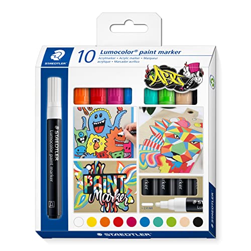 STAEDTLER Acrylmarker Lumocolor, deckende, permanente Acryltinte, wisch- und wasserfest, Linienbreite 2,4 mm, hohe Farbbrillanz, 10 paint marker in sortierten Farben im Kartonetui, 349 C10 von Staedtler