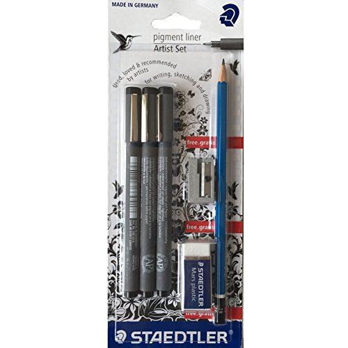 Staedtler Artist Set, pigment liner 0.3, 0.5, 0.7 + 1x Mars Lumograph 2B Pencil, 1x Mars Eraser, 1x Compact Pencil Sharpener by MoonBayCafe Staedtler Artist Set, pigment liner 0.3, 0.5, 0.7 + 1x Mars Lumograph 2B Pencil, 1x Mars Eraser, 1x Compact Pencil Sharpener by MoonBayCafe von Staedtler