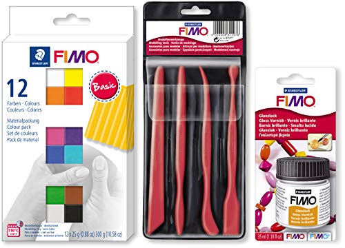 Staedtler FIMO SOFT Colour Pack 12x25g 12 Farben + Werkzeuge Set + Glanzlack zum konservieren und verschönern (Starter Set) von Staedtler