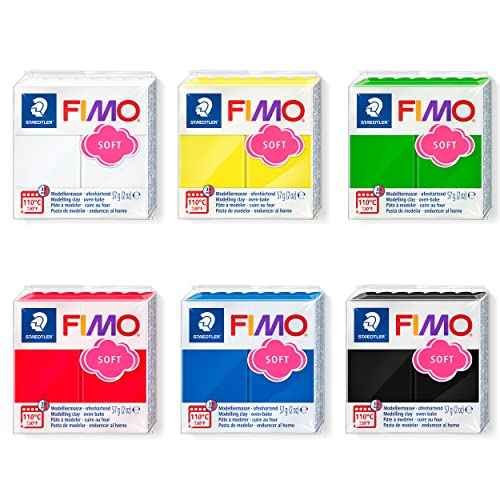 Staedtler FIMO Soft Modelliermasse, 6 Blöcke in Basis-Farben zu je 57 g, weiche, ofenhärtende Knete für Einsteiger und Hobbykünstler zum Modellieren von Schmuck- und Deko-Accessoires von Staedtler