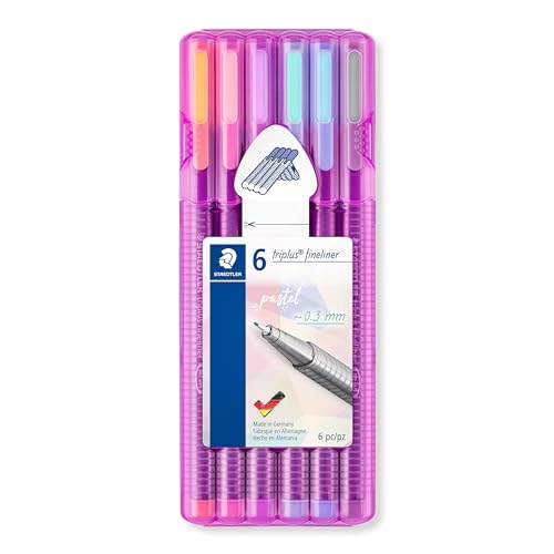 STAEDTLER Fineliner triplus, ergonomische Dreikantform, superfeine Linienbreite ca. 0.3 mm, hohe Qualität, Set mit 6 Pastell-Farben in der aufstellbaren STAEDTLER-Box, 334 SB6 PA von Staedtler