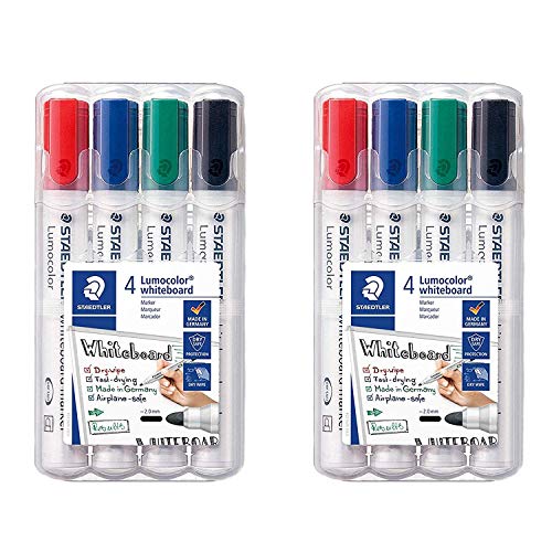 Staedtler Lumocolor 351 WP4 Whiteboard-Marker, Rundspitze, Etui mit 4 Farben (farbsortiert, 4er Marker Set | 2 STK.) von Staedtler