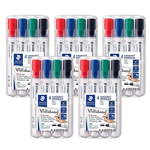 Staedtler Lumocolor 351 WP4 Whiteboard-Marker, Rundspitze, Etui mit 4 Farben (farbsortiert, 4er Marker Set | 5 STK.) von Staedtler