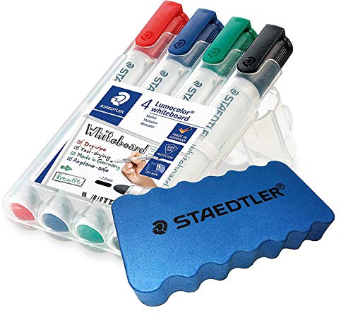 Staedtler Lumocolor 351 WP4 Whiteboard-Marker, Rundspitze, Etui mit 4 Farben (mit Whiteboardschwamm, 4er Marker Set) von Staedtler