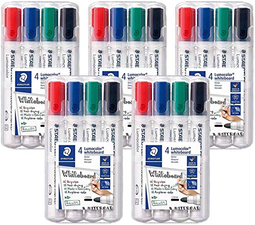 Staedtler Lumocolor 351 WP4 Whiteboard-Marker (Rundspitze ca. 2 mm Linienbreite, Set mit 4 Farben (4er Marker Set | 5 Stk, farbsortiert) von Staedtler