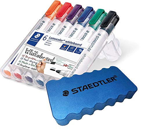 Staedtler Lumocolor 351 WP6 Whiteboard-Marker, Rundspitze ca. 2 mm Linienbreite, Set mit 6 Farben (1 Etui + Whiteboardschwamm) von Staedtler