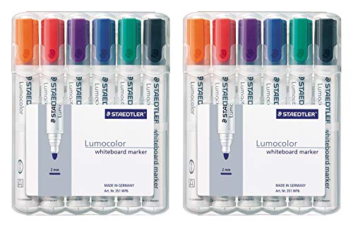 Staedtler Lumocolor 351 WP6 Whiteboard-Marker, Rundspitze ca. 2 mm Linienbreite, Set mit 6 Farben (2 Etui) von Staedtler