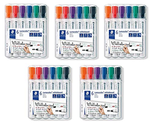 Staedtler Lumocolor 351 WP6 Whiteboard-Marker, Rundspitze ca. 2 mm Linienbreite, Set mit 6 Farben (5 Etui) von Staedtler